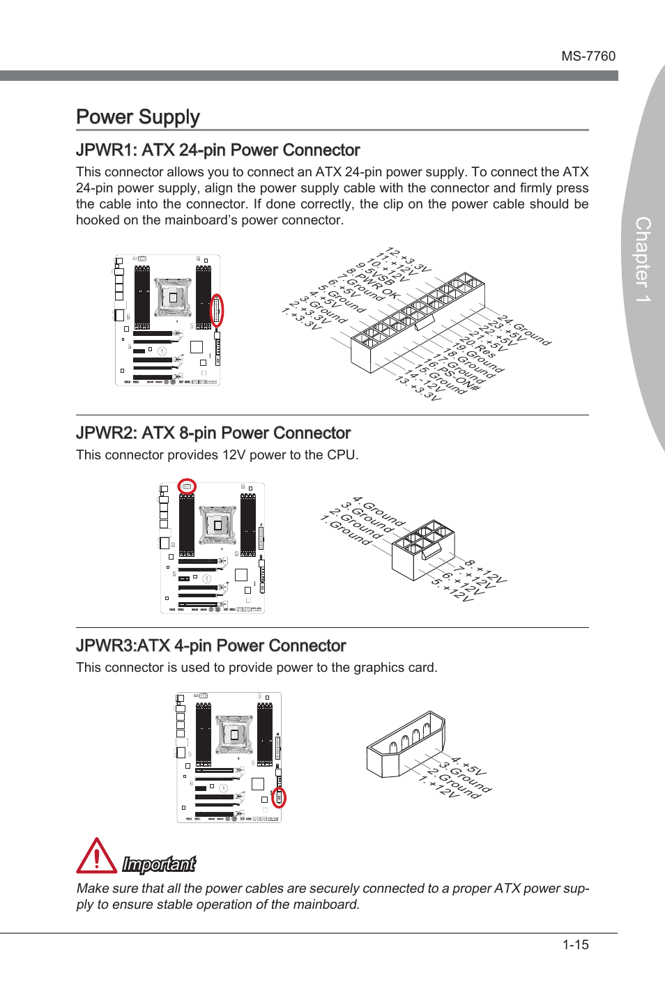 Jpwr1: atx 24-pin power connector, Jpwr2: atx 8-pin power connector, Jpwr3:atx 4-pin power connector | Power supply -15, Jpwr1, Atx 24-pn power connector, Jpwr2, Atx 8-pn power connector, Jpwr3, Atx 4-pn power connector | MSI X79A-GD45 PLUS Manual User Manual | Page 27 / 96