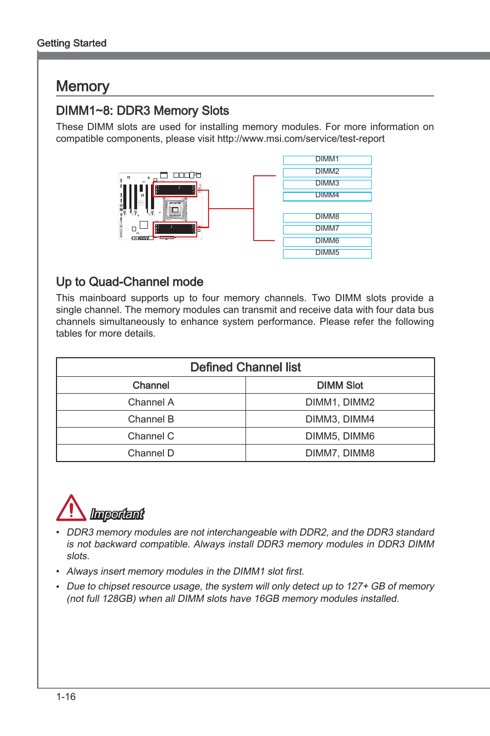 Dimm1~8: ddr3 memory slots, Memory -16, Dimm1~8 | Ddr3 memory slots, Up to quad-channel mode, Defined channel lst, Important | MSI X79A-GD45 PLUS Manual User Manual | Page 28 / 96