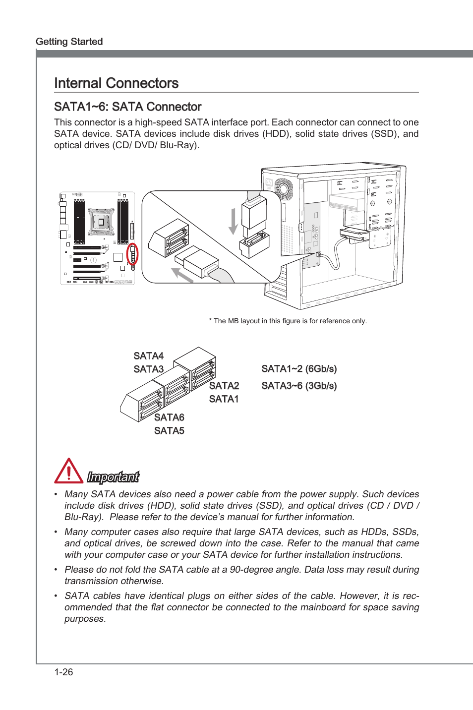 Sata1~6: sata connector, Internal connectors -26, Sata1~2 | Sata 6gb/s connectors, Sata3~6, Sata 3gb/s connectors, Internal connectors, Important | MSI X79A-GD45 PLUS Manual User Manual | Page 38 / 96