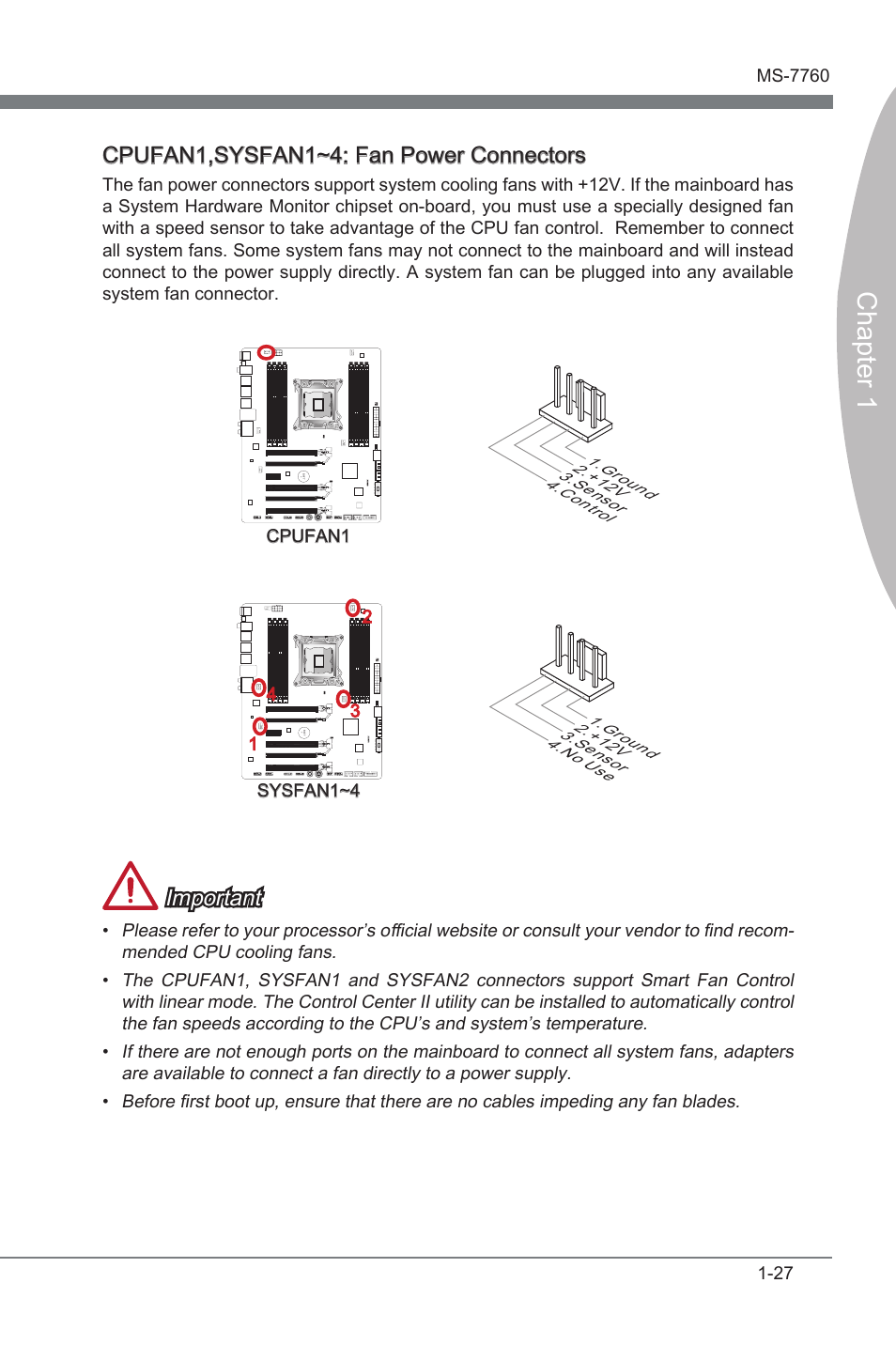 Cpufan1,sysfan1~4: fan power connectors, Cpufan1,sysfan1~4, Fan power connectors | Chapter 1, Important | MSI X79A-GD45 PLUS Manual User Manual | Page 39 / 96