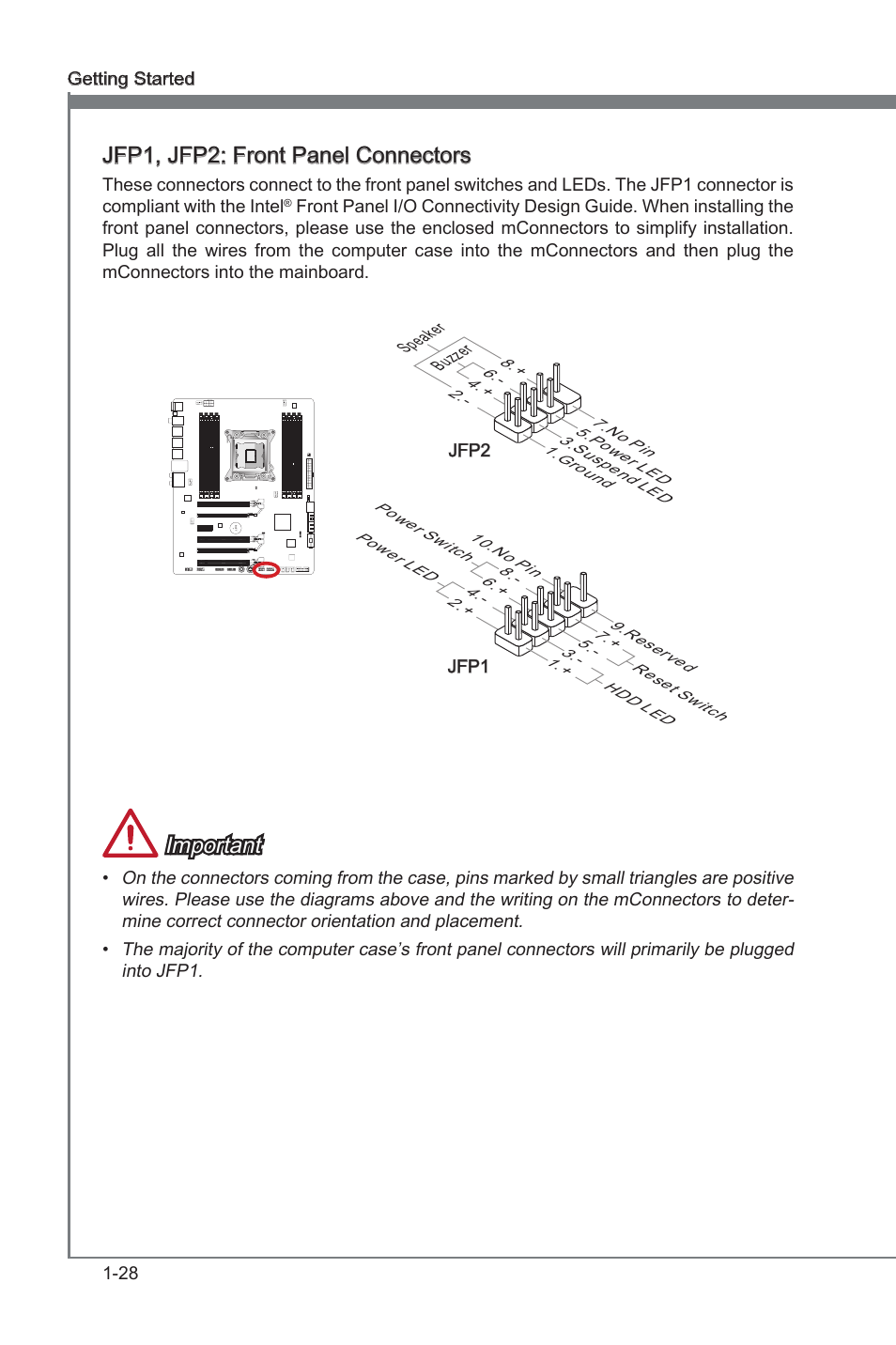 Jfp1, jfp2: front panel connectors, Jfp1, jfp2, Front panel connectors | Important | MSI X79A-GD45 PLUS Manual User Manual | Page 40 / 96