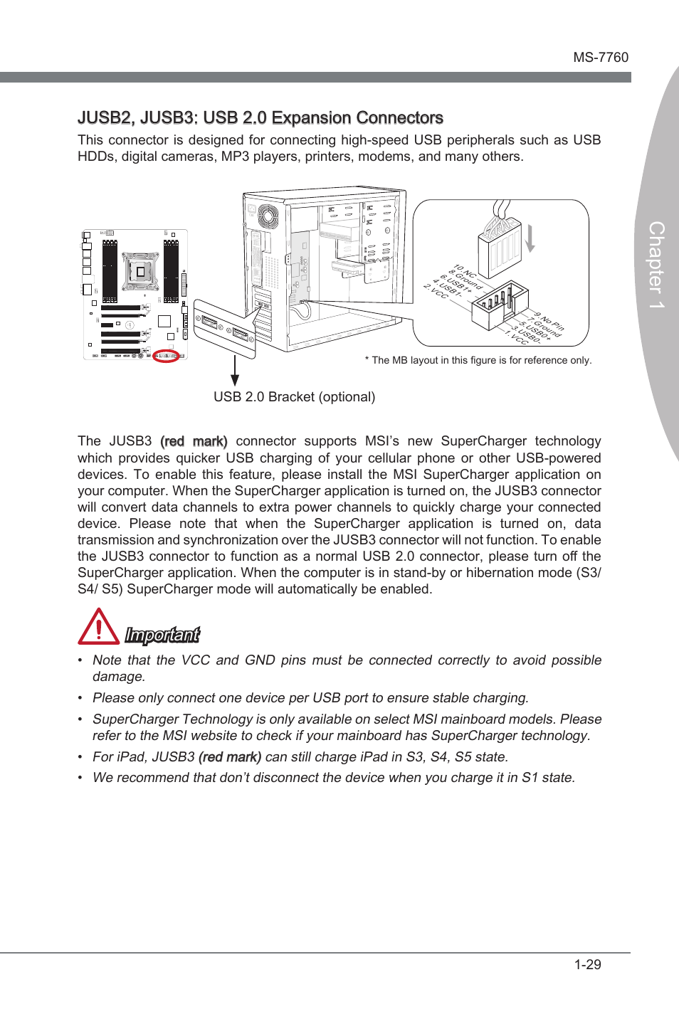 Jusb2, jusb3: usb 2.0 expansion connectors, Jusb2, jusb3, Usb 2.0 expanson connectors | Chapter 1, Jusb2, jusb3: usb 2.0 expanson connectors, Important | MSI X79A-GD45 PLUS Manual User Manual | Page 41 / 96