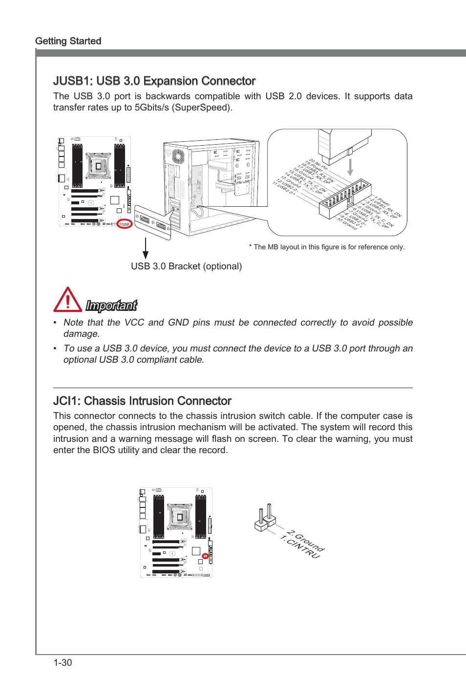 Jci1: chassis intrusion connector, Jusb1: usb 3.0 expansion connector, Jci1 | Chasss intruson connector, Jusb1, Usb 3.0 expanson connector, Jusb1: usb 3.0 expanson connector, Important, Jci1: chasss intruson connector, 30 gettng started | MSI X79A-GD45 PLUS Manual User Manual | Page 42 / 96