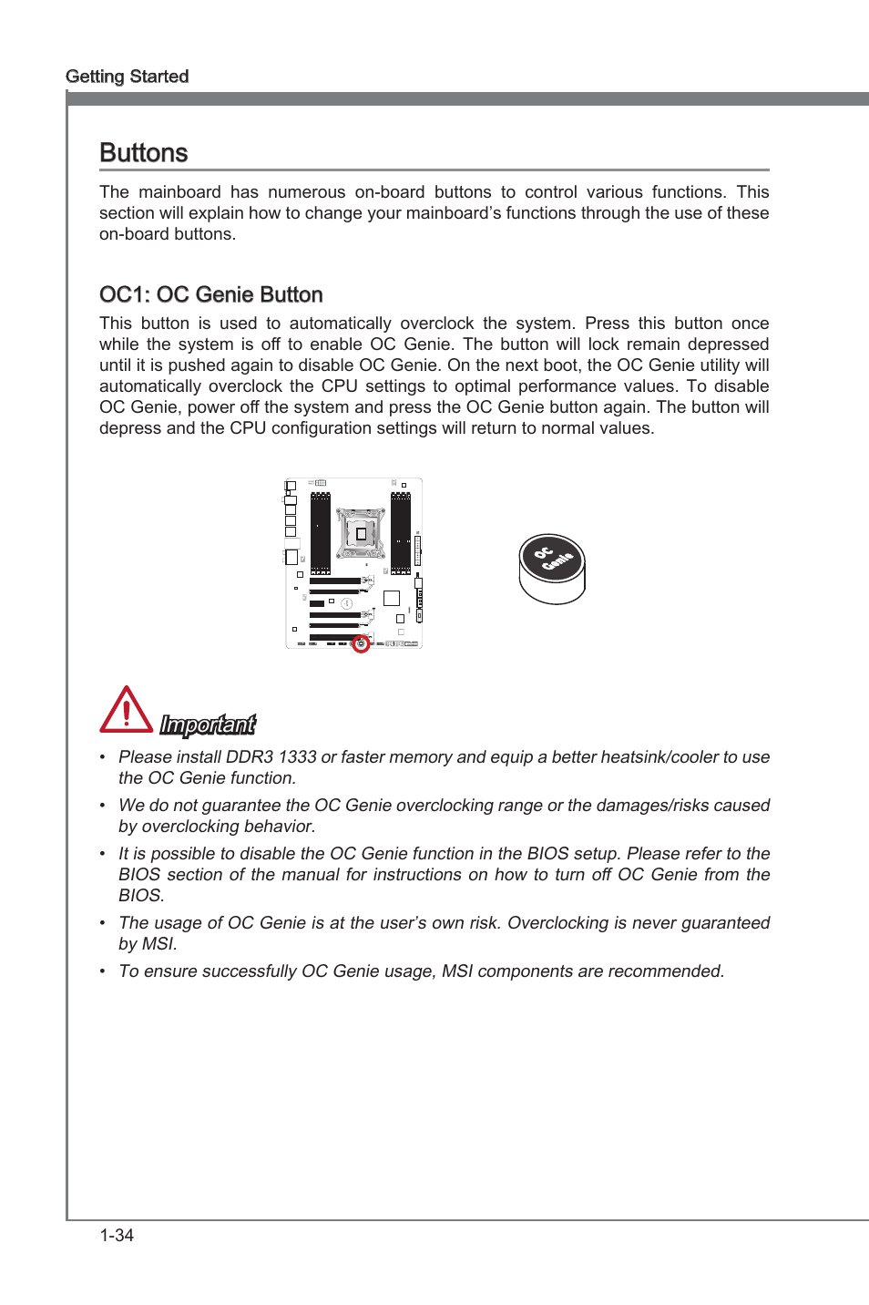 Oc1: oc genie button, Buttons -34, Oc gene button | Buttons, Oc1: oc gene button, Important | MSI X79A-GD45 PLUS Manual User Manual | Page 46 / 96