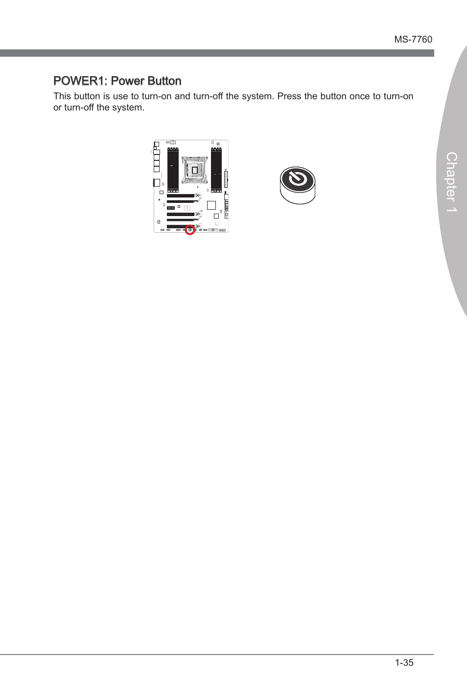 Power1: power button, Power1, Power button | Chapter 1 | MSI X79A-GD45 PLUS Manual User Manual | Page 47 / 96