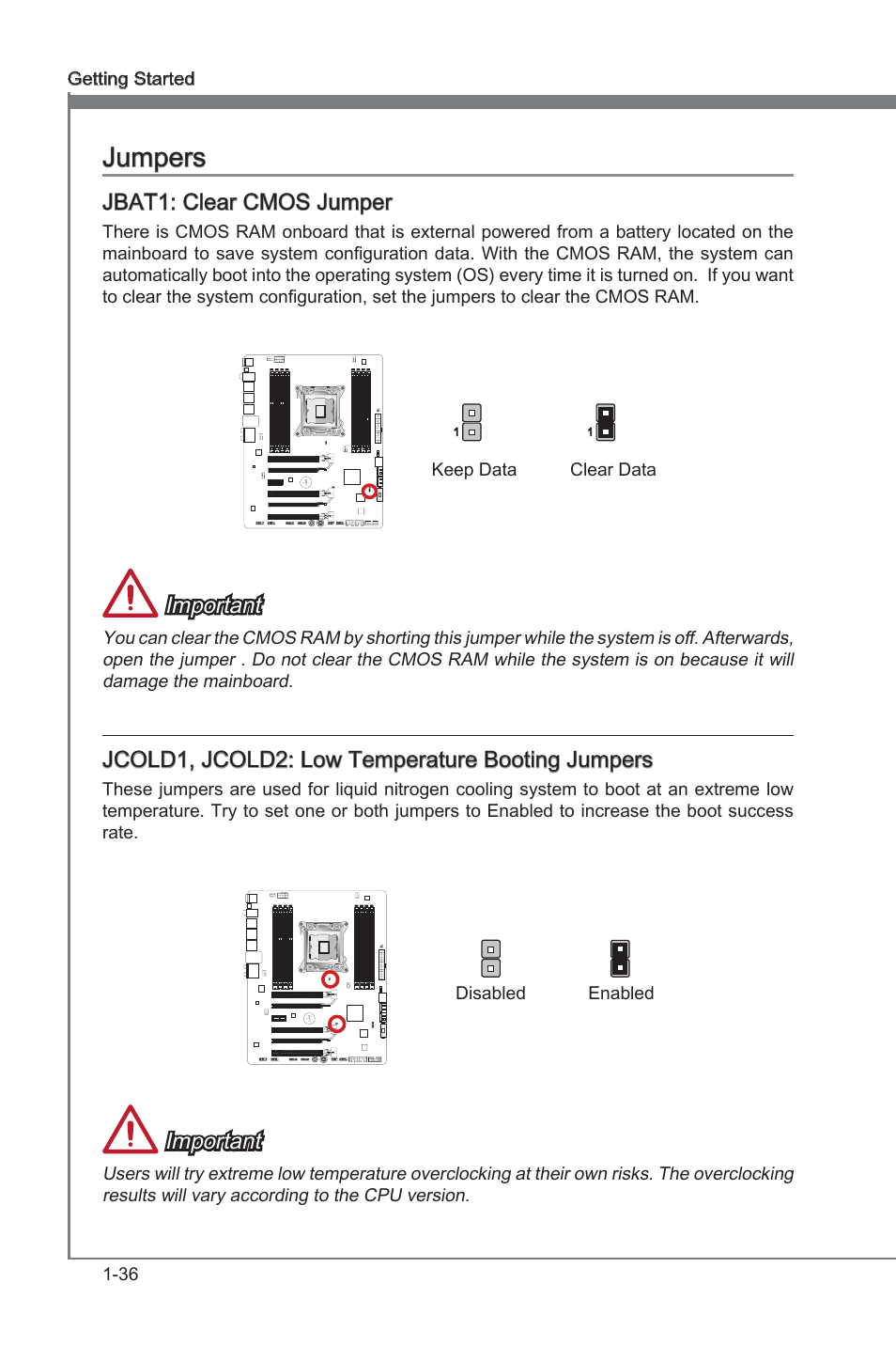 Jbat1: clear cmos jumper, Jcold1, jcold2: low temperature booting jumpers, Jumpers -36 | Jbat1, Clear cmos jumper, Jcold1, jcold2, Low temperature bootng jumpers, Jumpers, Important, Jcold1, jcold2: low temperature bootng jumpers | MSI X79A-GD45 PLUS Manual User Manual | Page 48 / 96