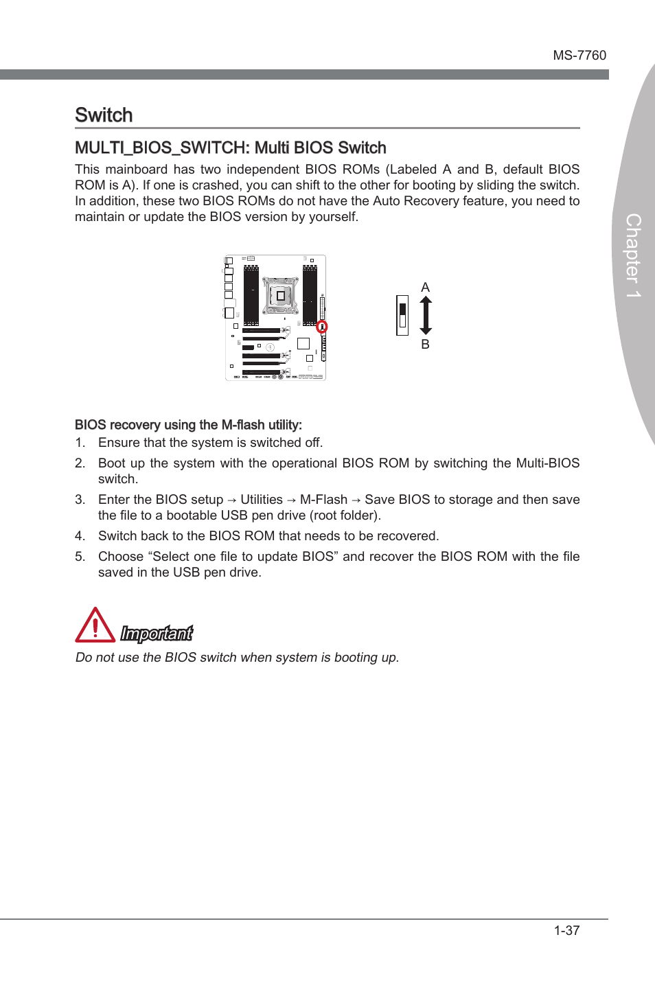 Multi_bios_switch: multi bios switch, Swtch -37, Multi_bios_switch | Mult bios swtch, Chapter 1 swtch, Multi_bios_switch: mult bios swtch, Important | MSI X79A-GD45 PLUS Manual User Manual | Page 49 / 96