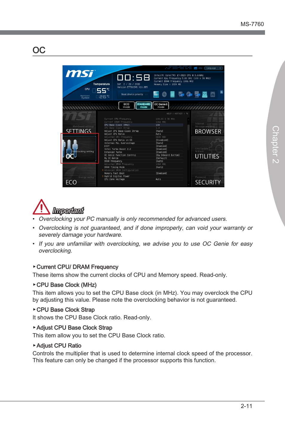 Oc -11, Chapter 2 oc, Important | MSI X79A-GD45 PLUS Manual User Manual | Page 63 / 96