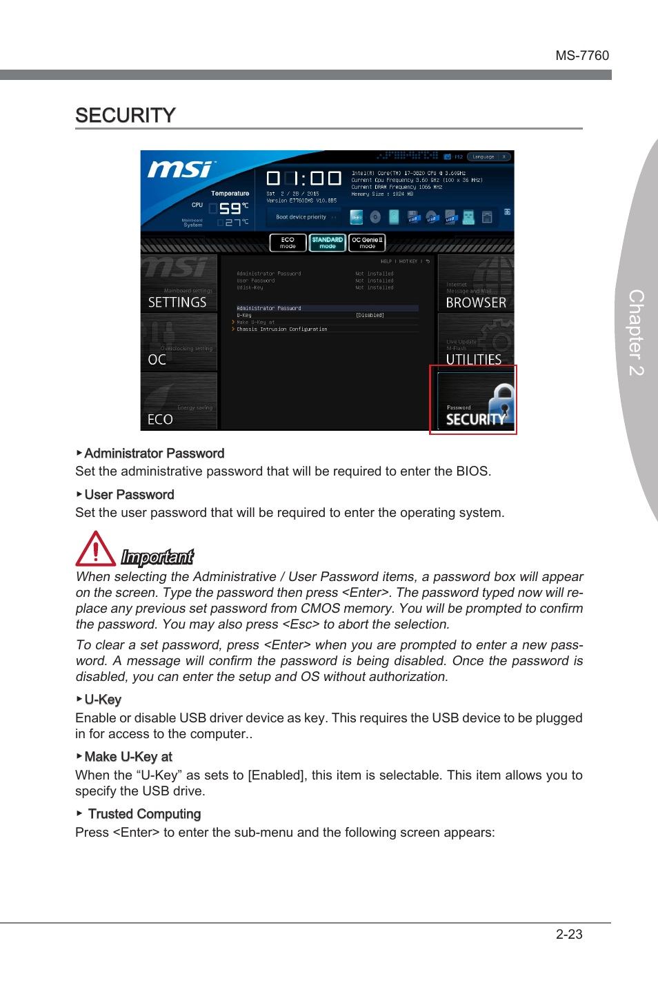 Security -23, Chapter 2 security, Important | MSI X79A-GD45 PLUS Manual User Manual | Page 75 / 96