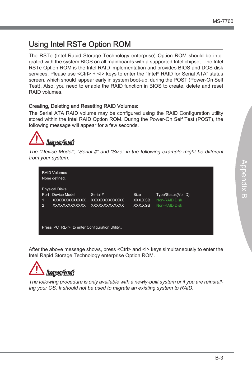 Append x b usng intel rste opton rom, Important | MSI X79A-GD45 PLUS Manual User Manual | Page 85 / 96