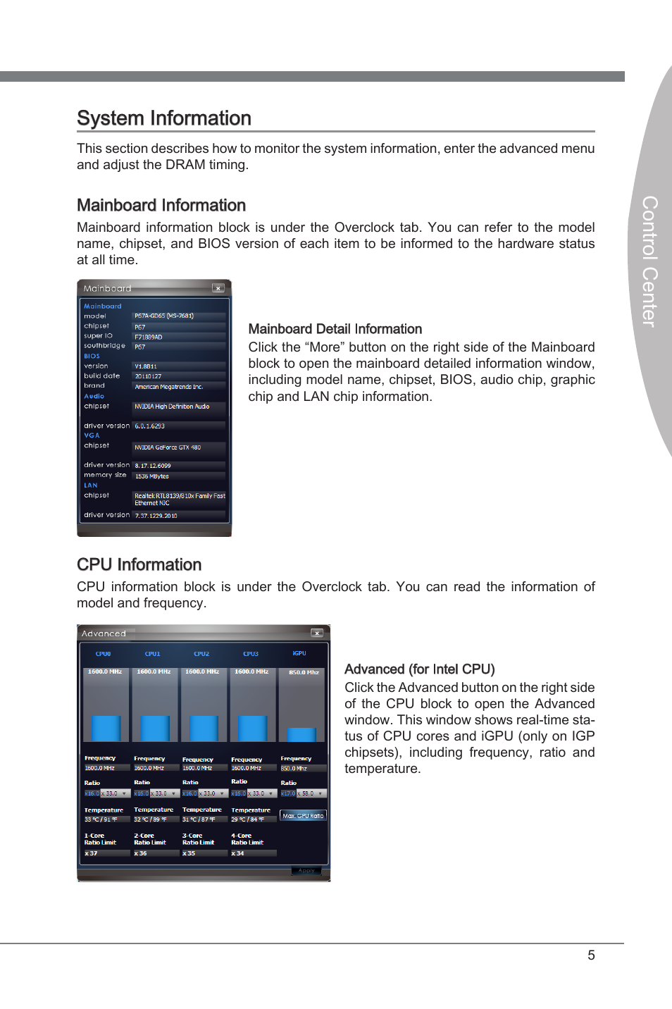 System information, Control center, Control center system information | Mainboard information, Cpu information | MSI Classic Motherboard User Manual | Page 11 / 74