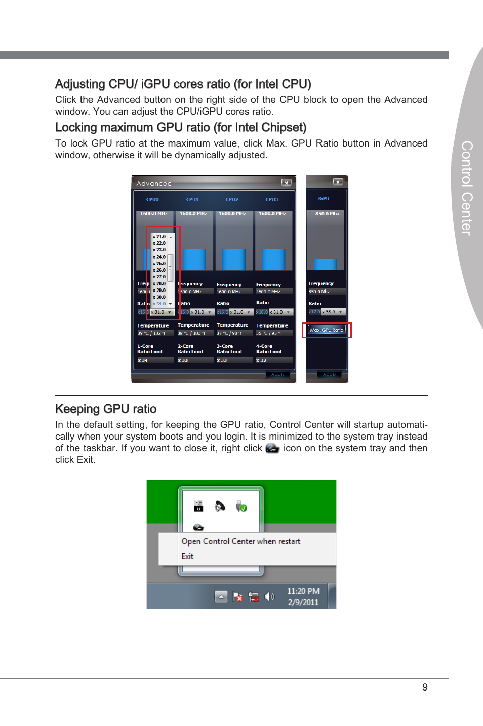 Control center | MSI Classic Motherboard User Manual | Page 15 / 74