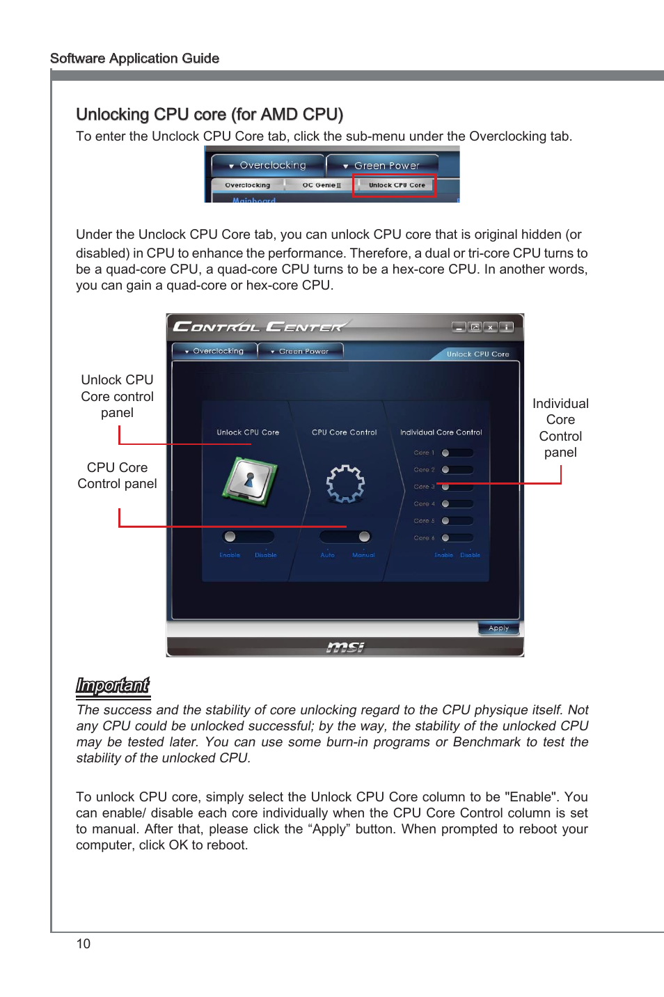 Control center, Unlocking cpu core (for amd cpu), Important | MSI Classic Motherboard User Manual | Page 16 / 74