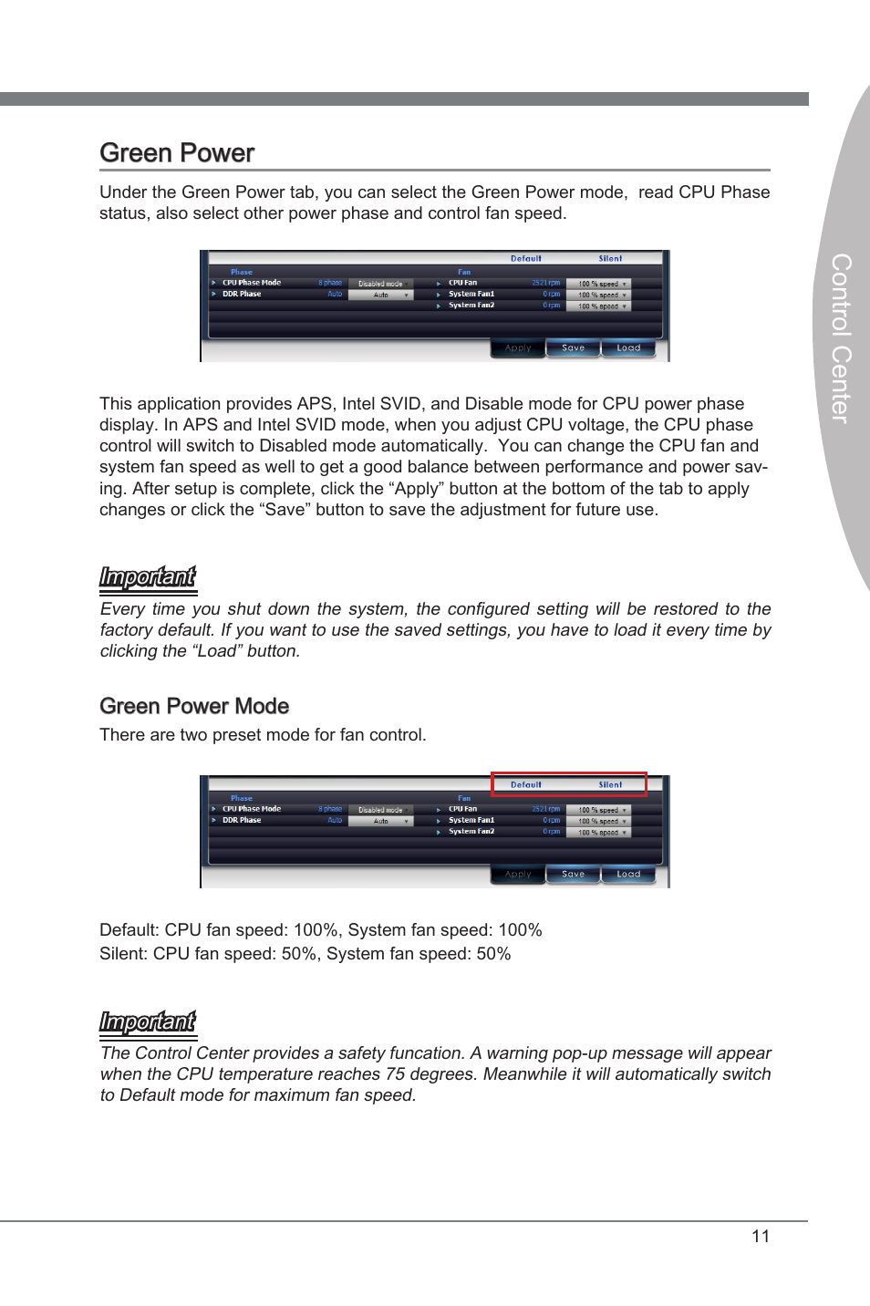 Green power, Control center, Control center green power | MSI Classic Motherboard User Manual | Page 17 / 74