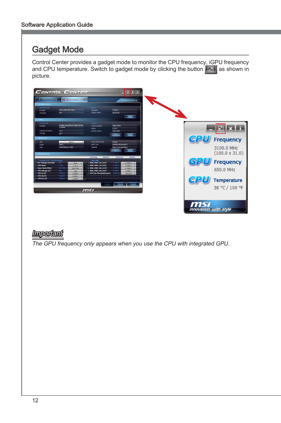 Gadget mode, Control center gadget mode | MSI Classic Motherboard User Manual | Page 18 / 74