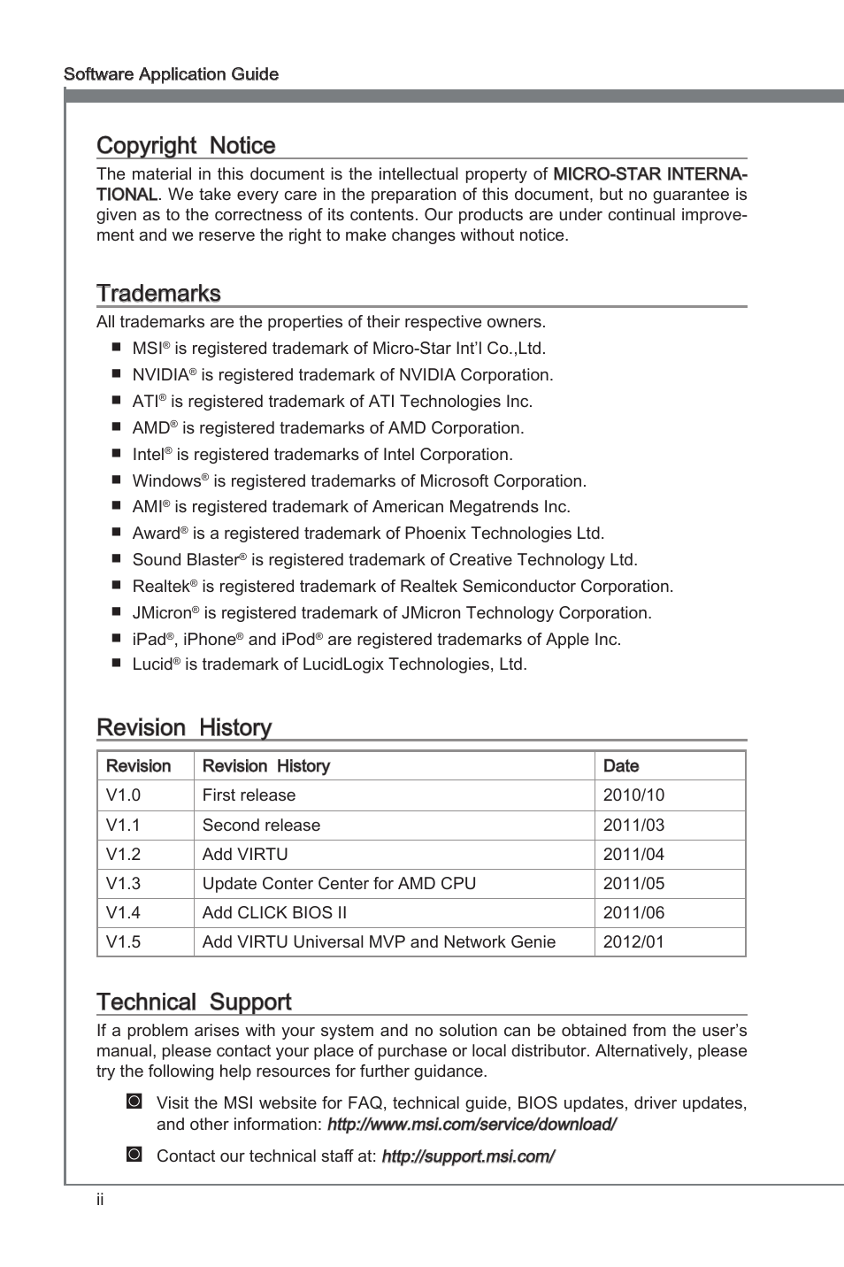 Preface, Copyright notice, Trademarks | Revision history, Technical support | MSI Classic Motherboard User Manual | Page 2 / 74