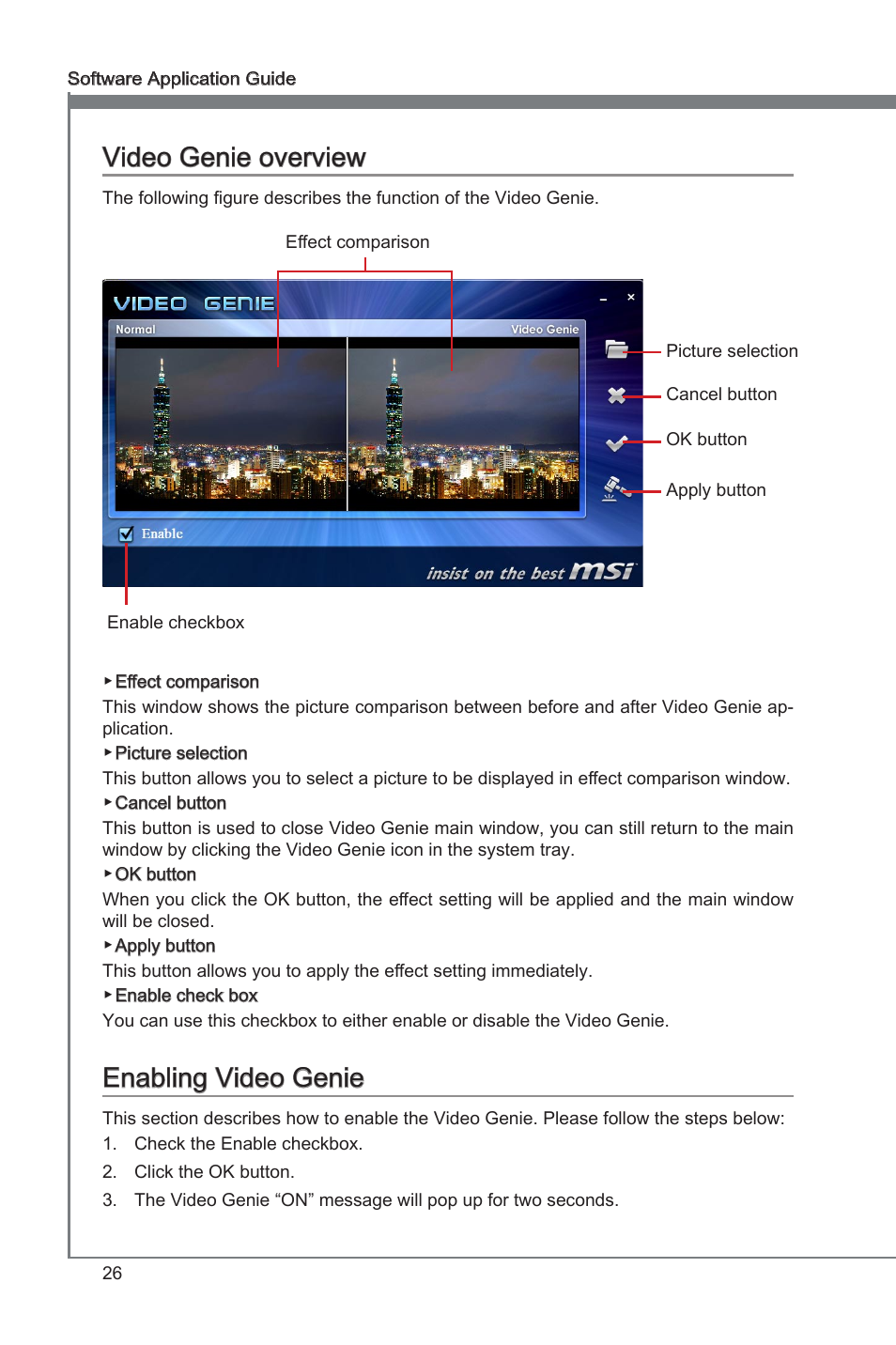 Video genie overview enabling video genie, Video genie video genie overview, Enabling video genie | MSI Classic Motherboard User Manual | Page 32 / 74