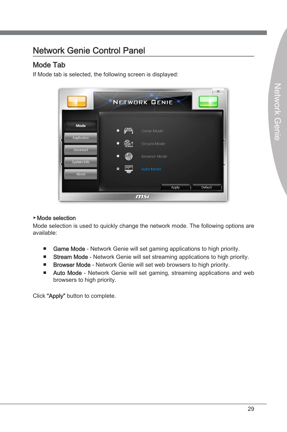 Network genie control panel, Network genie network genie control panel, Mode tab | MSI Classic Motherboard User Manual | Page 35 / 74