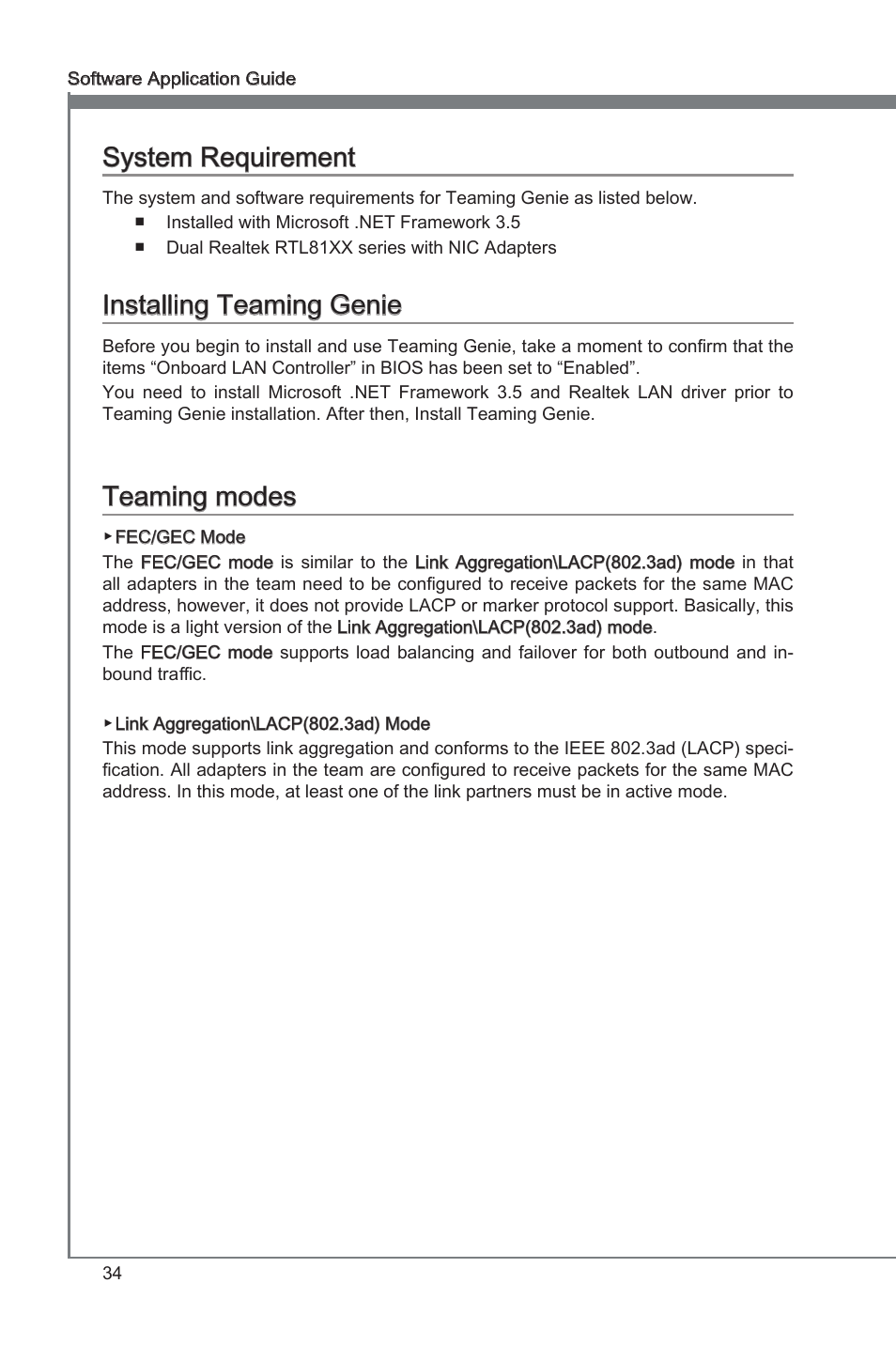 Teaming genie, Teaming genie system requirement, Installing teaming genie | Teaming modes | MSI Classic Motherboard User Manual | Page 40 / 74