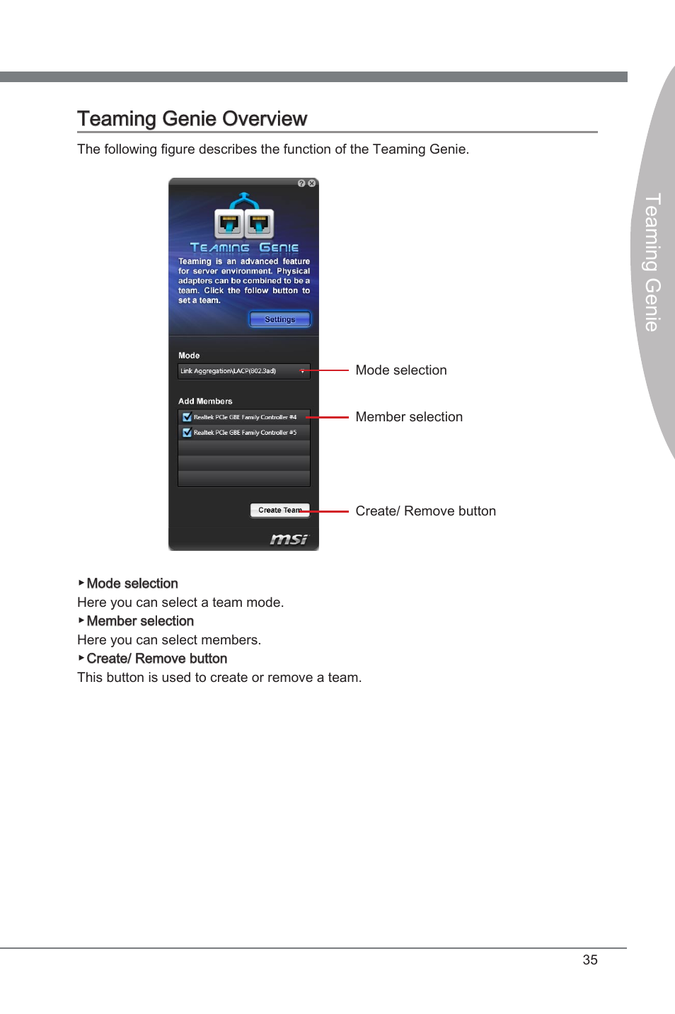 Teaming genie overview, Teaming genie, Teaming genie teaming genie overview | MSI Classic Motherboard User Manual | Page 41 / 74