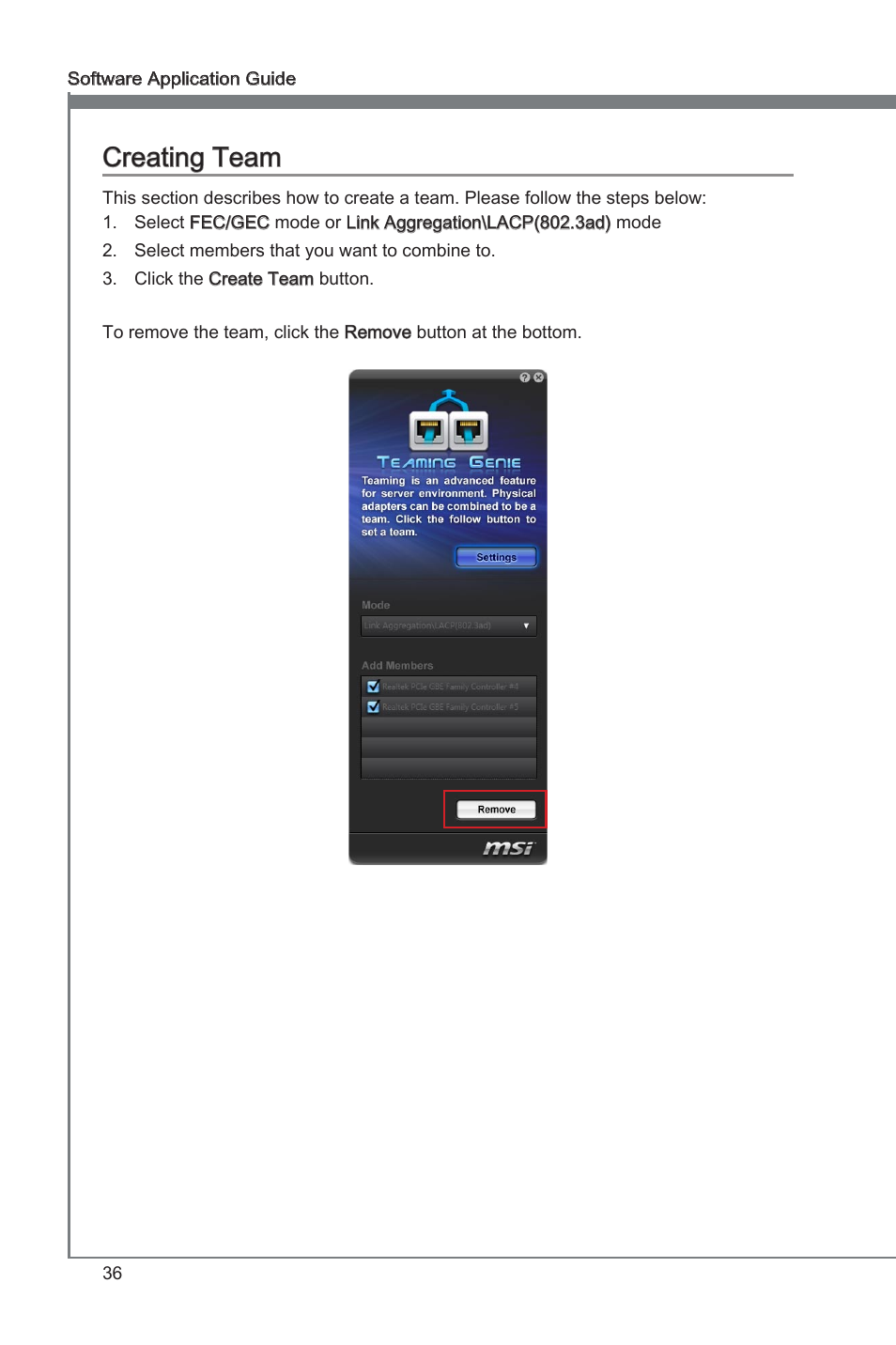 Creating team, Teaming genie creating team | MSI Classic Motherboard User Manual | Page 42 / 74