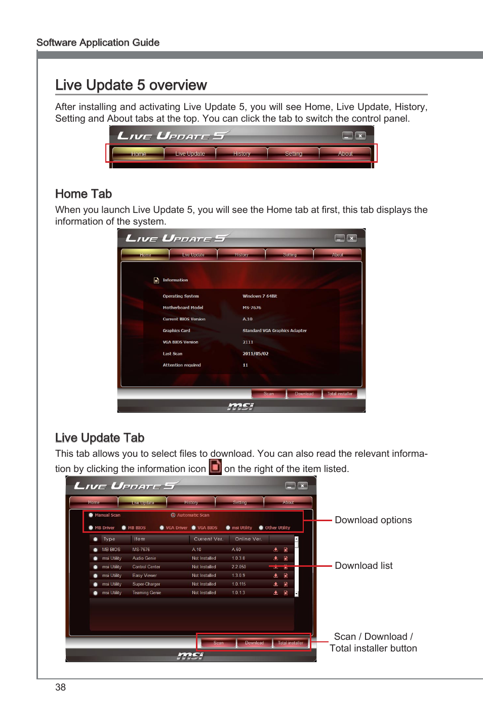 Live update 5 overview, Live update 5, Live update 5 live update 5 overview | MSI Classic Motherboard User Manual | Page 44 / 74