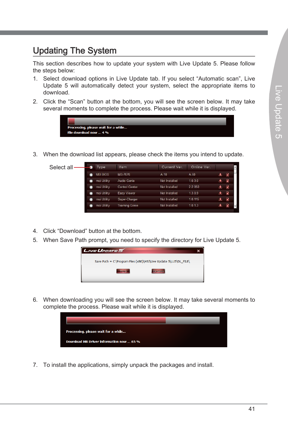 Updating the system, Live update 5, Live update 5 updating the system | MSI Classic Motherboard User Manual | Page 47 / 74