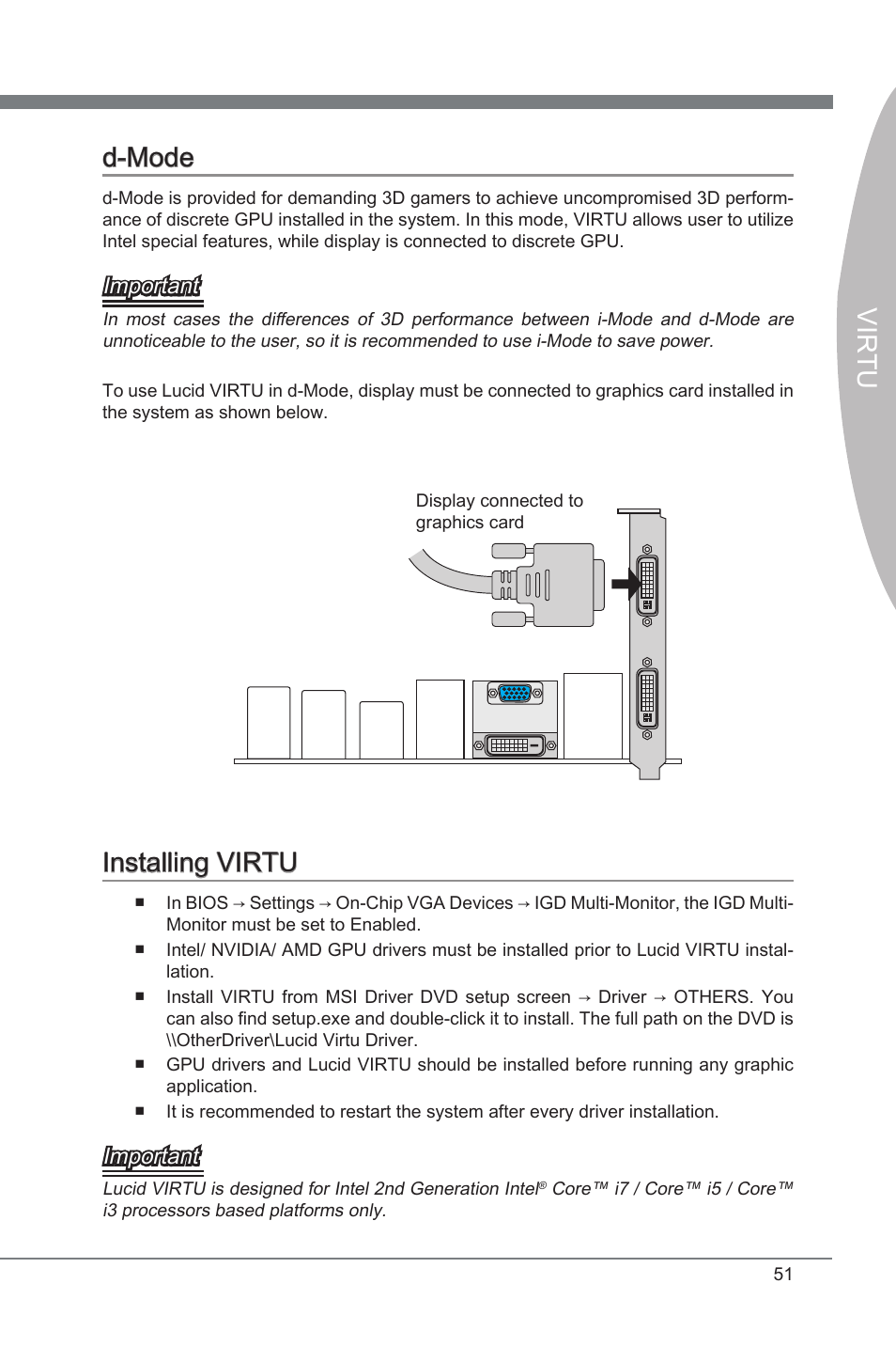 D-mode installing virtu, Virtu, Virtu d-mode | Installing virtu, Important | MSI Classic Motherboard User Manual | Page 57 / 74