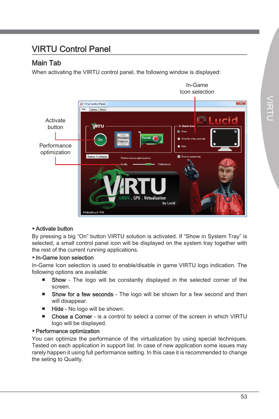 Virtu control panel, Virtu, Virtu virtu control panel | Main tab | MSI Classic Motherboard User Manual | Page 59 / 74