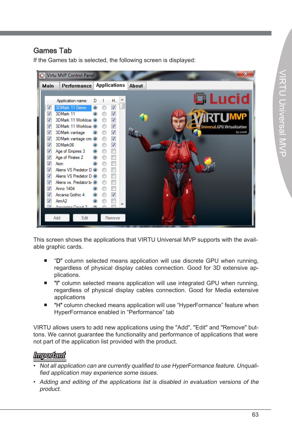 Virtu universal mvp, Games tab, Important | MSI Classic Motherboard User Manual | Page 69 / 74