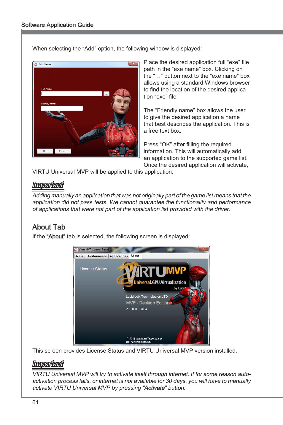 Virtu universal mvp, Important, About tab | MSI Classic Motherboard User Manual | Page 70 / 74