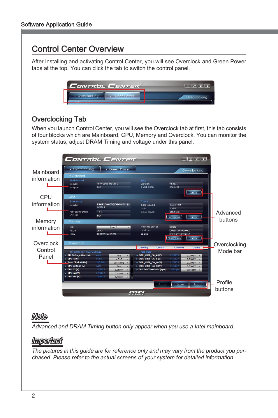 Control center overview, Control center, Control center control center overview | Overclocking tab, Important | MSI Classic Motherboard User Manual | Page 8 / 74