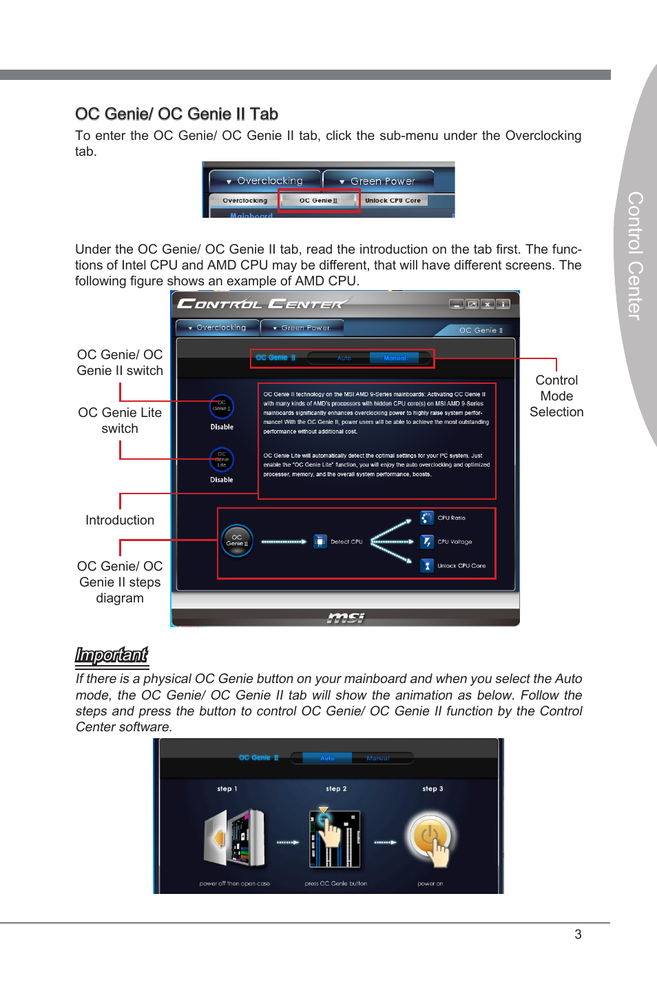 Control center, Oc genie/ oc genie ii tab, Important | MSI Classic Motherboard User Manual | Page 9 / 74