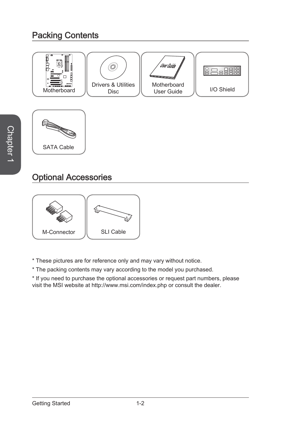 Packing contents -2 optional accessories -2, Chapter 1, Packing contents | Optional accessories | MSI Z97S SLI PLUS Manual User Manual | Page 16 / 106