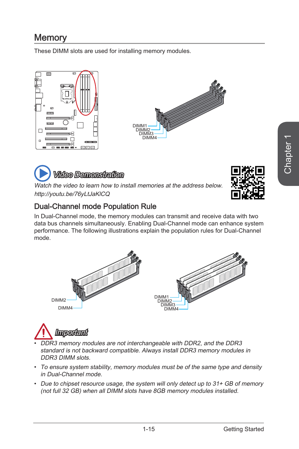 Memory -15, Dual-channel mode population rule -15, Ddr3 memory slots | Chapter 1, Video demonstration, Dual-channel mode population rule, Important | MSI Z97S SLI PLUS Manual User Manual | Page 29 / 106