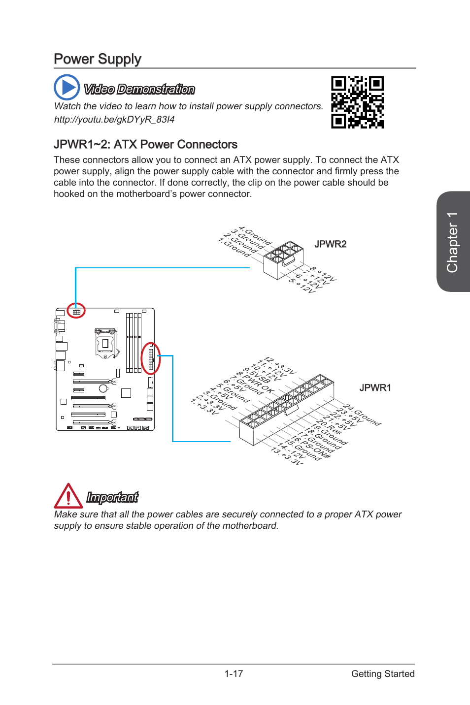Power supply -17, Jpwr1~2: atx power connectors -17, Jpwr1~2 | Atx power connectors, Chapter 1, Power supply, Video demonstration, Jpwr1~2: atx power connectors, Important | MSI Z97S SLI PLUS Manual User Manual | Page 31 / 106