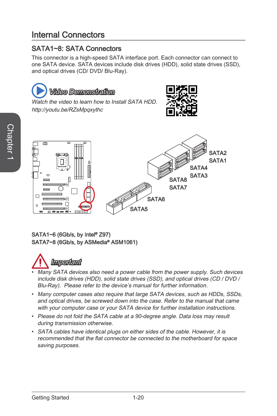 Internal connectors -20, Sata1~8: sata connectors -20, Sata1~8 | Sata connectors, Chapter 1, Internal connectors, Sata1~8: sata connectors, Video demonstration, Important | MSI Z97S SLI PLUS Manual User Manual | Page 34 / 106