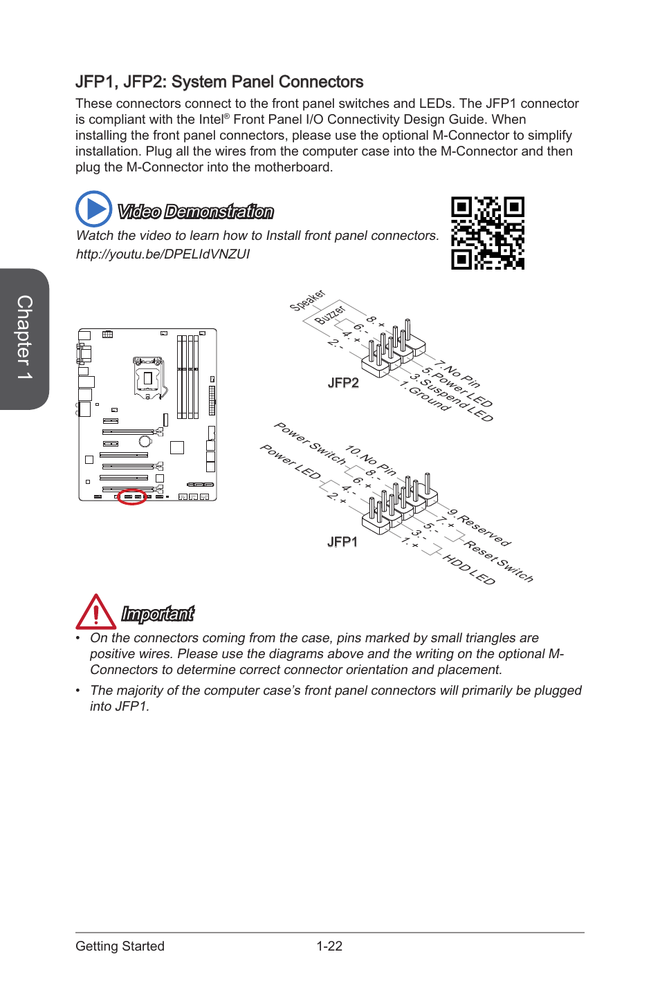 Jfp1, jfp2: system panel connectors -22, Jfp1, jfp2, System panel connectors | Chapter 1, Jfp1, jfp2: system panel connectors, Video demonstration, Important | MSI Z97S SLI PLUS Manual User Manual | Page 36 / 106