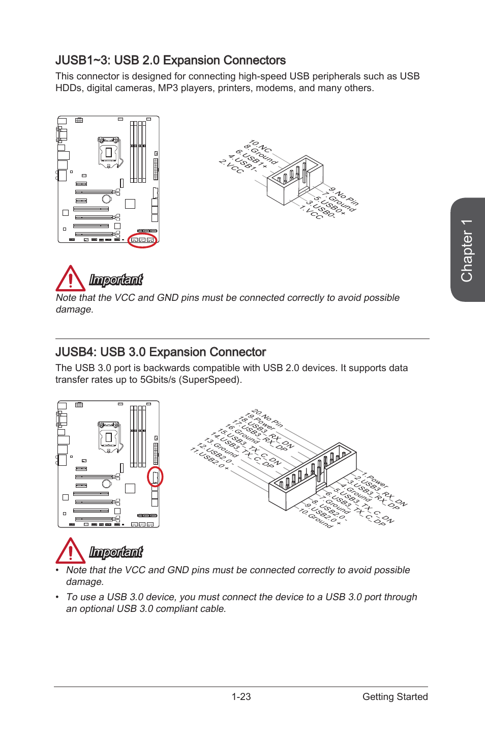 Jusb1~3, Usb 2.0 expansion connectors, Jusb4 | Usb 3.0 expansion connector, Chapter 1, Jusb1~3: usb 2.0 expansion connectors, Important, Jusb4: usb 3.0 expansion connector, 23 getting started | MSI Z97S SLI PLUS Manual User Manual | Page 37 / 106