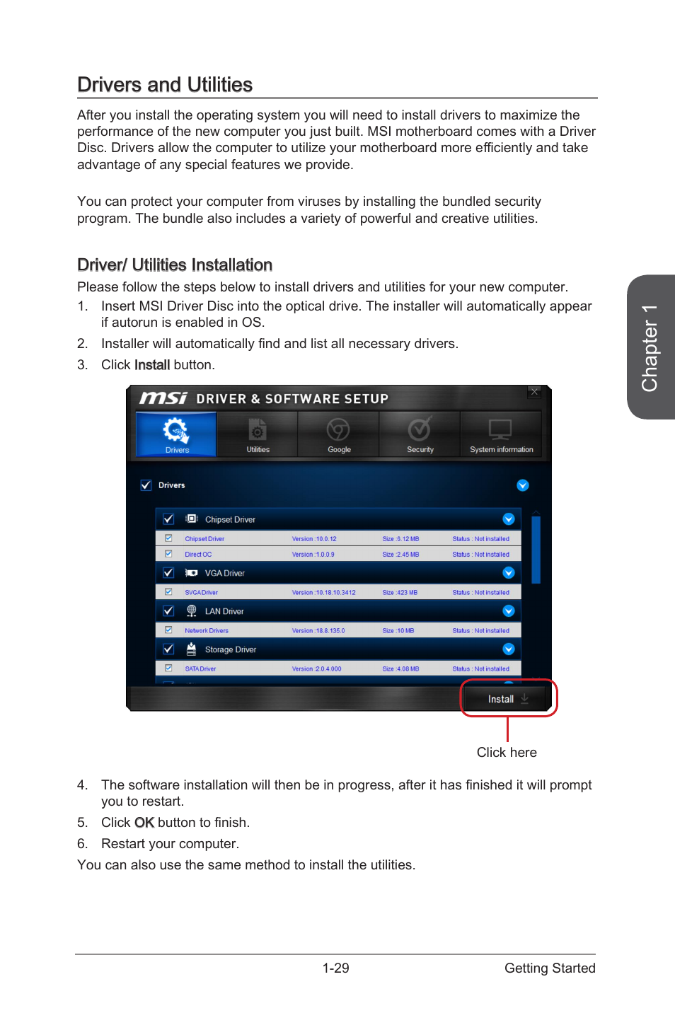 Drivers and utilities -29, Driver/ utilities installation -29, Chapter 1 | Drivers and utilities, Driver/ utilities installation | MSI Z97S SLI PLUS Manual User Manual | Page 43 / 106