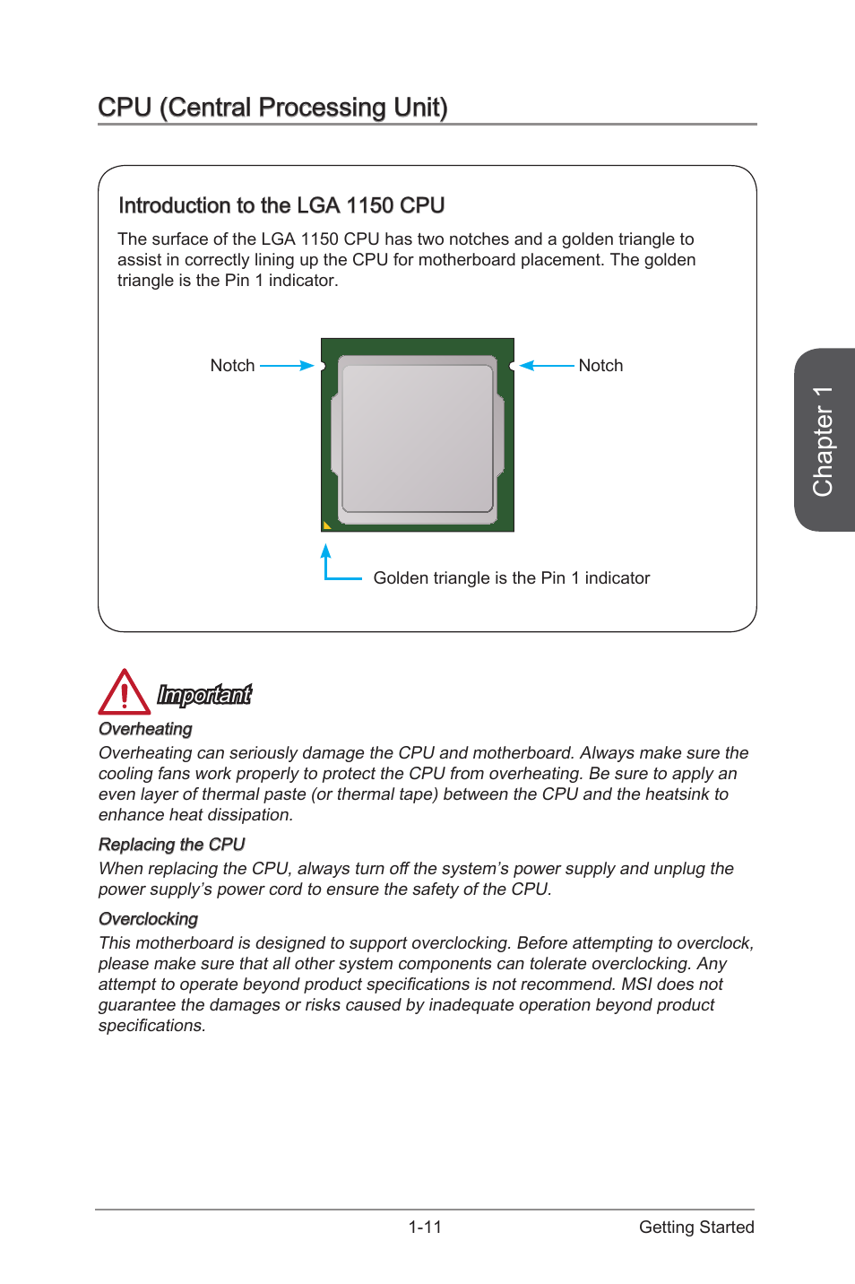 Cpu (central processing unit) -11, Introduction to the lga 1150 cpu -11, Chapter 1 | Cpu (central processing unit), Important, Introduction to the lga 1150 cpu | MSI Z97-G55 SLI Manual User Manual | Page 25 / 104