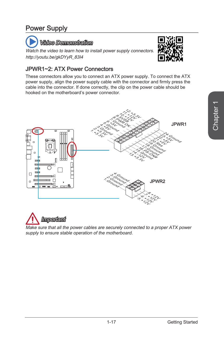 Jpwr1~2: atx power connectors, Power supply -17, Jpwr1~2: atx power connectors -17 | Jpwr1~2, Atx power connectors, Chapter 1, Power supply, Video demonstration, Important | MSI Z97-G55 SLI Manual User Manual | Page 31 / 104