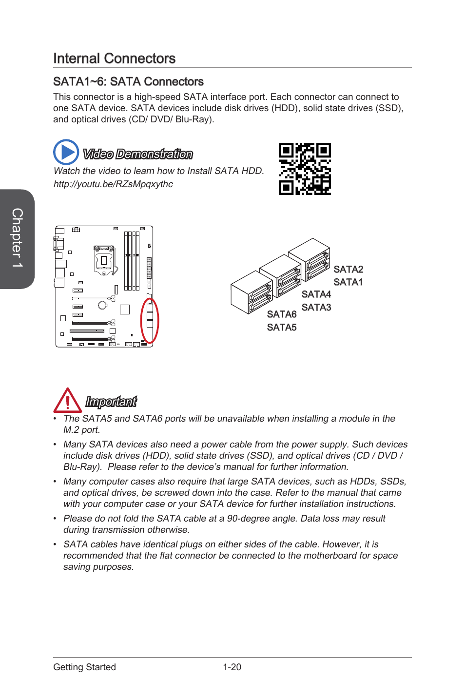 Sata1~6: sata connectors, Internal connectors -20, Sata1~6: sata connectors -20 | Sata1~6, Sata connectors, Chapter 1, Internal connectors, Video demonstration, Important | MSI Z97-G55 SLI Manual User Manual | Page 34 / 104