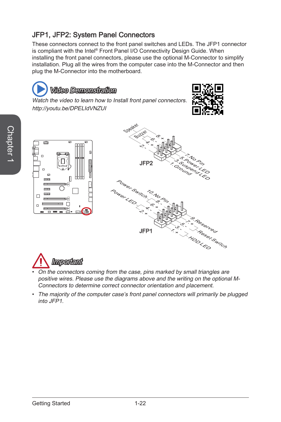 Jfp1, jfp2: system panel connectors, Jfp1, jfp2: system panel connectors -22, Jfp1, jfp2 | System panel connectors, Chapter 1, Video demonstration, Important | MSI Z97-G55 SLI Manual User Manual | Page 36 / 104