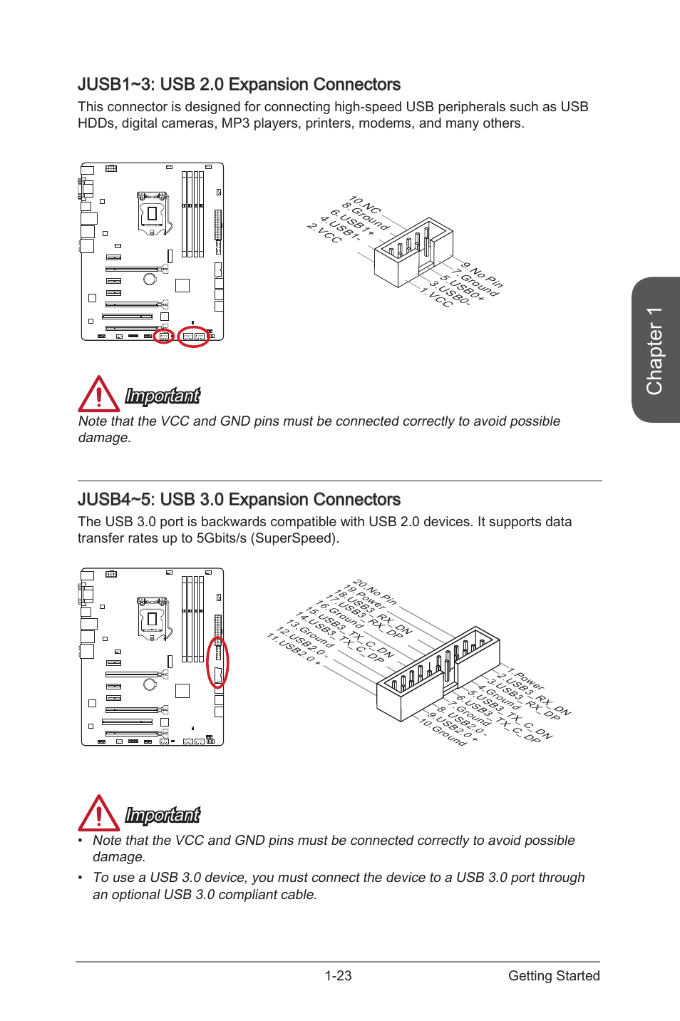 Jusb1~3: usb 2.0 expansion connectors, Jusb4~5: usb 3.0 expansion connectors, Jusb1~3 | Usb 2.0 expansion connectors, Jusb4~5, Usb 3.0 expansion connectors, Chapter 1, Important, 23 getting started | MSI Z97-G55 SLI Manual User Manual | Page 37 / 104
