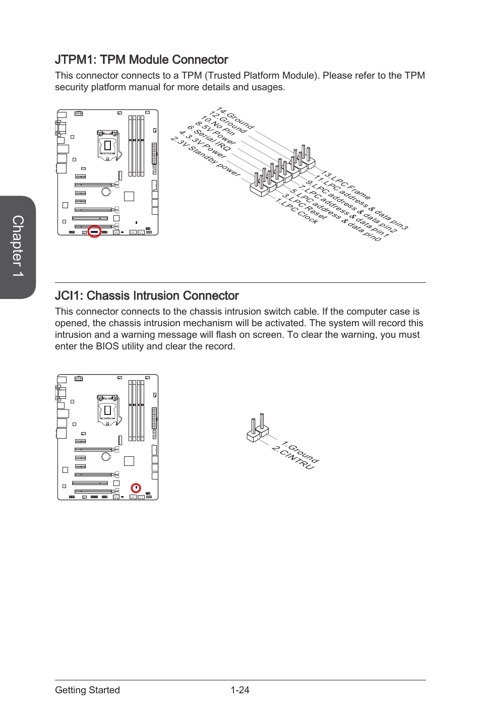 Jci1: chassis intrusion connector, Jtpm1: tpm module connector, Jci1 | Chassis intrusion connector, Jtpm1, Tpm module connector, Chapter 1 | MSI Z97-G55 SLI Manual User Manual | Page 38 / 104