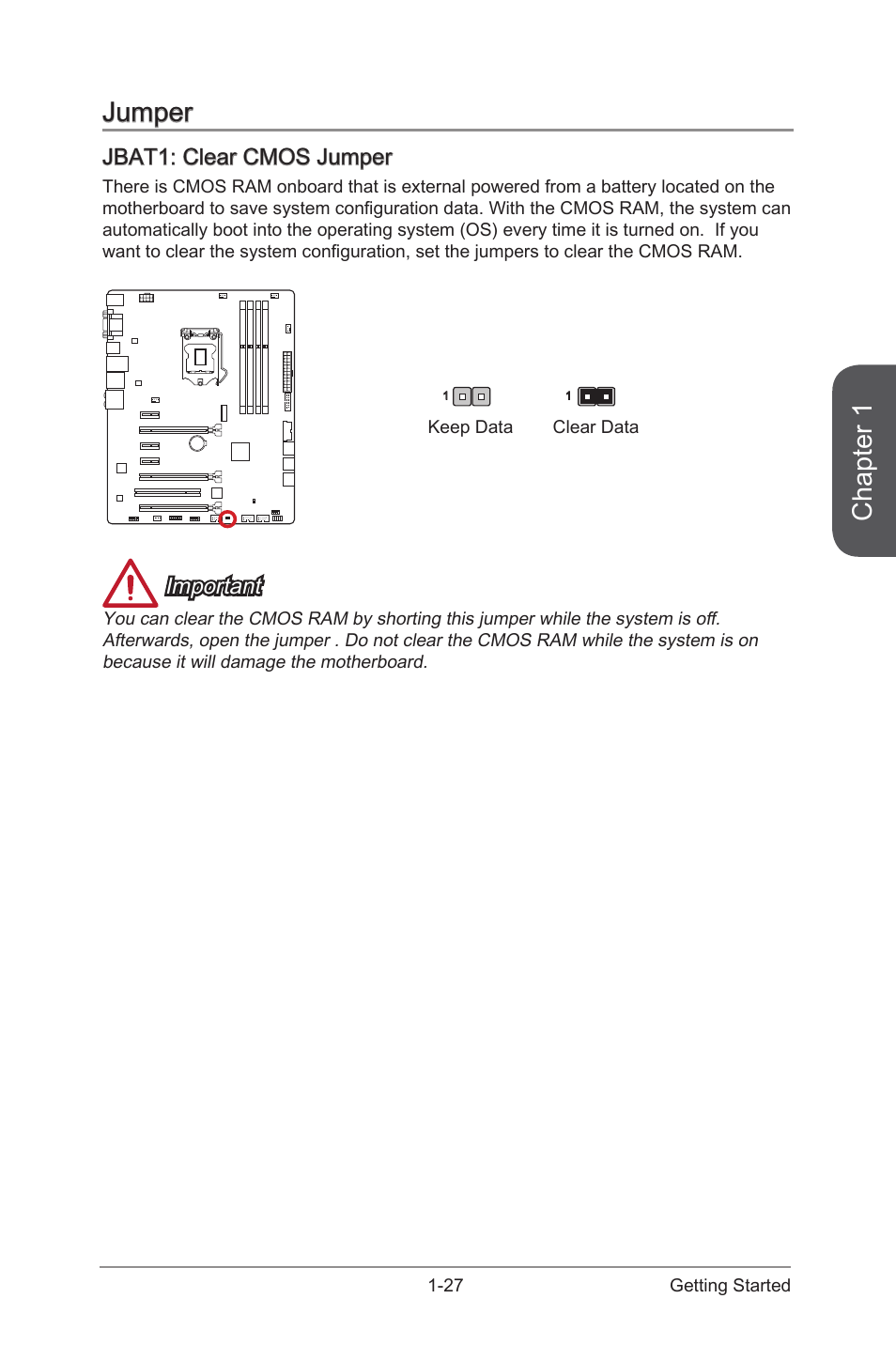 Jbat1: clear cmos jumper, Jumper -27, Jbat1: clear cmos jumper -27 | Jbat1, Clear cmos jumper, Chapter 1, Jumper, Important | MSI Z97-G55 SLI Manual User Manual | Page 41 / 104