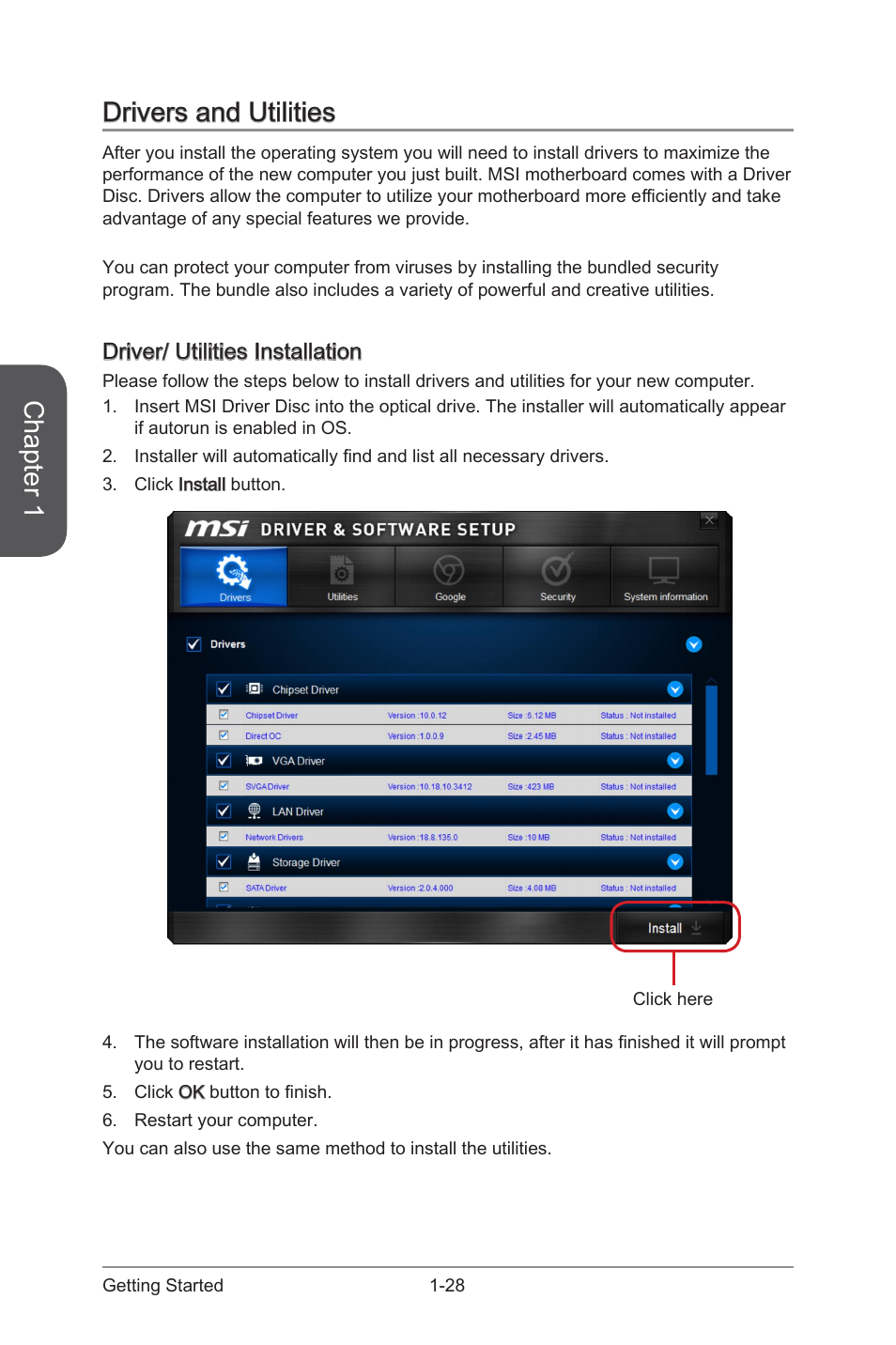 Drivers and utilities -28, Driver/ utilities installation -28, Chapter 1 | Drivers and utilities, Driver/ utilities installation | MSI Z97-G55 SLI Manual User Manual | Page 42 / 104