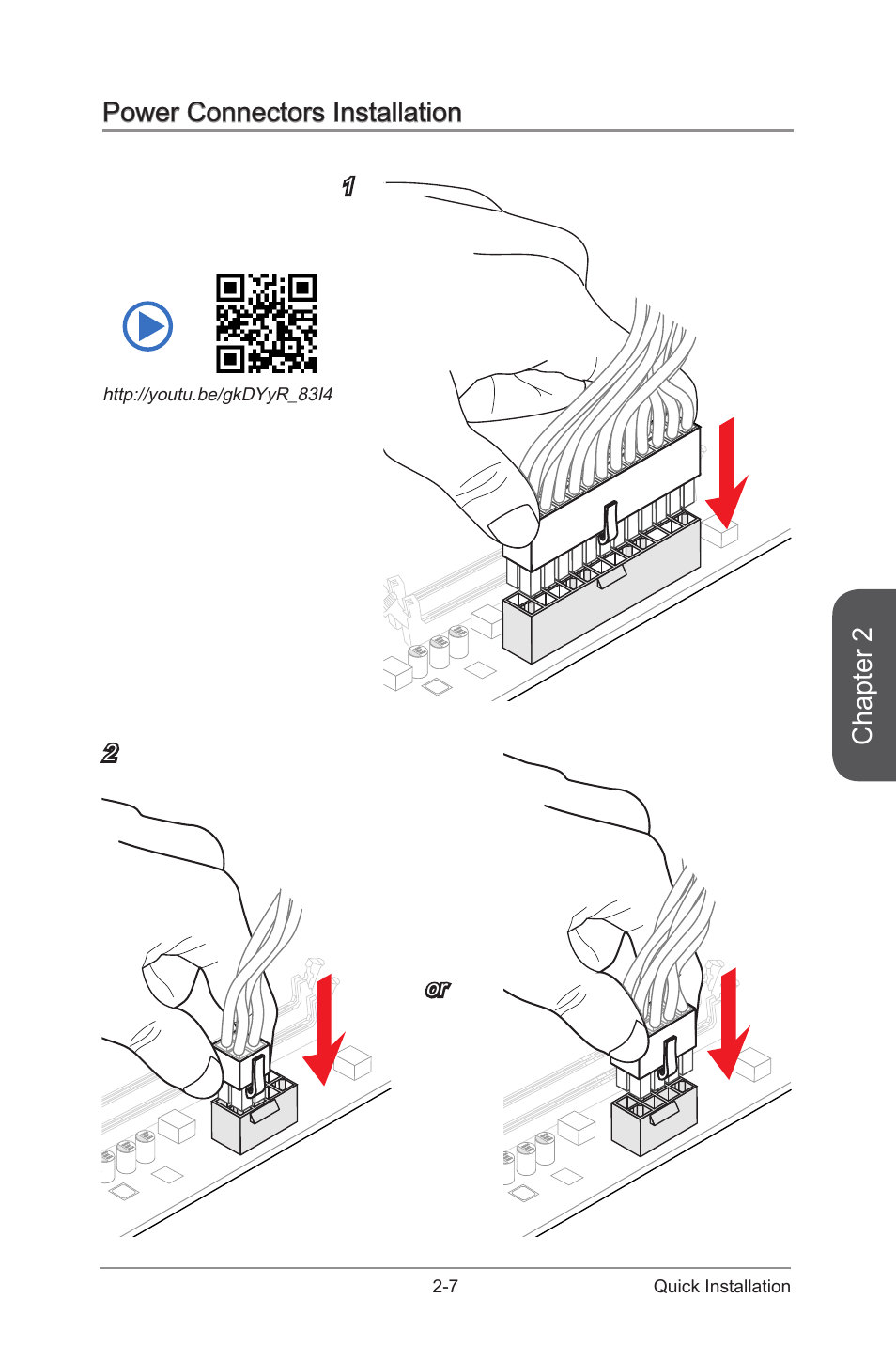 Power connectors installation -7, Chapter 2, Power connectors installation | Or 1 2, 7 quick installation | MSI Z97-G55 SLI Manual User Manual | Page 49 / 104