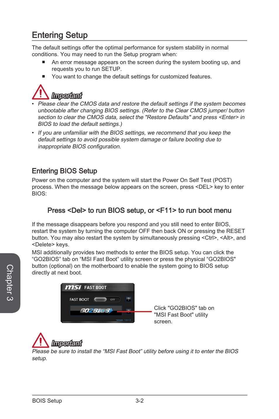 Entering setup -2, Entering bios setup -2, Chapter 3 | Entering setup, Important, Entering bios setup | MSI Z97-G55 SLI Manual User Manual | Page 58 / 104